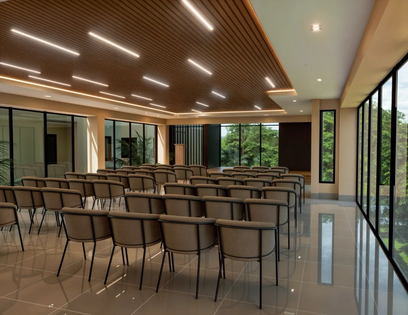 Salón de eventos con techo de listones de madera y ventanales