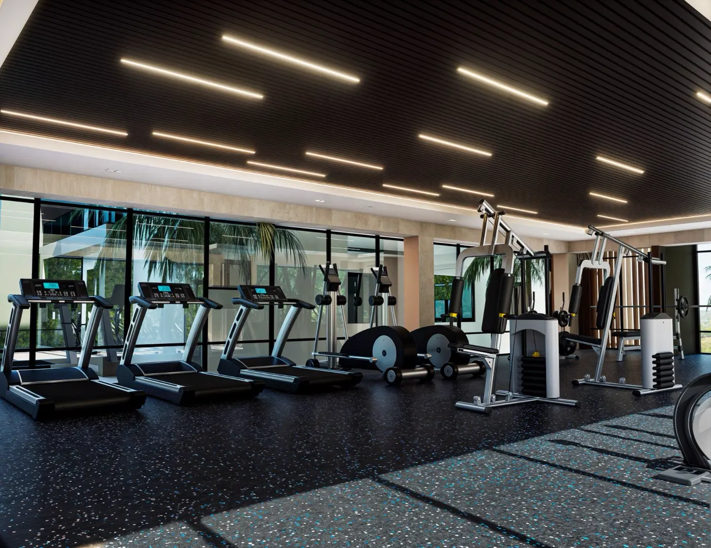 Gimnasio equipado con vista a las palmeras