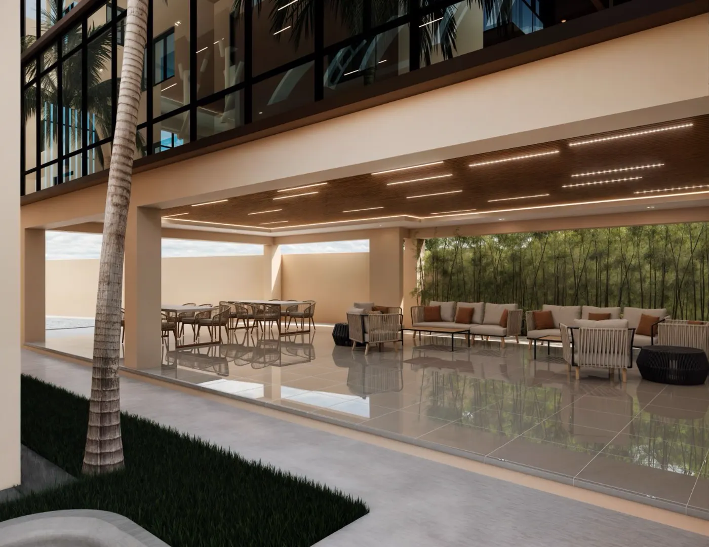 Terraza social techada con muebles de exterior