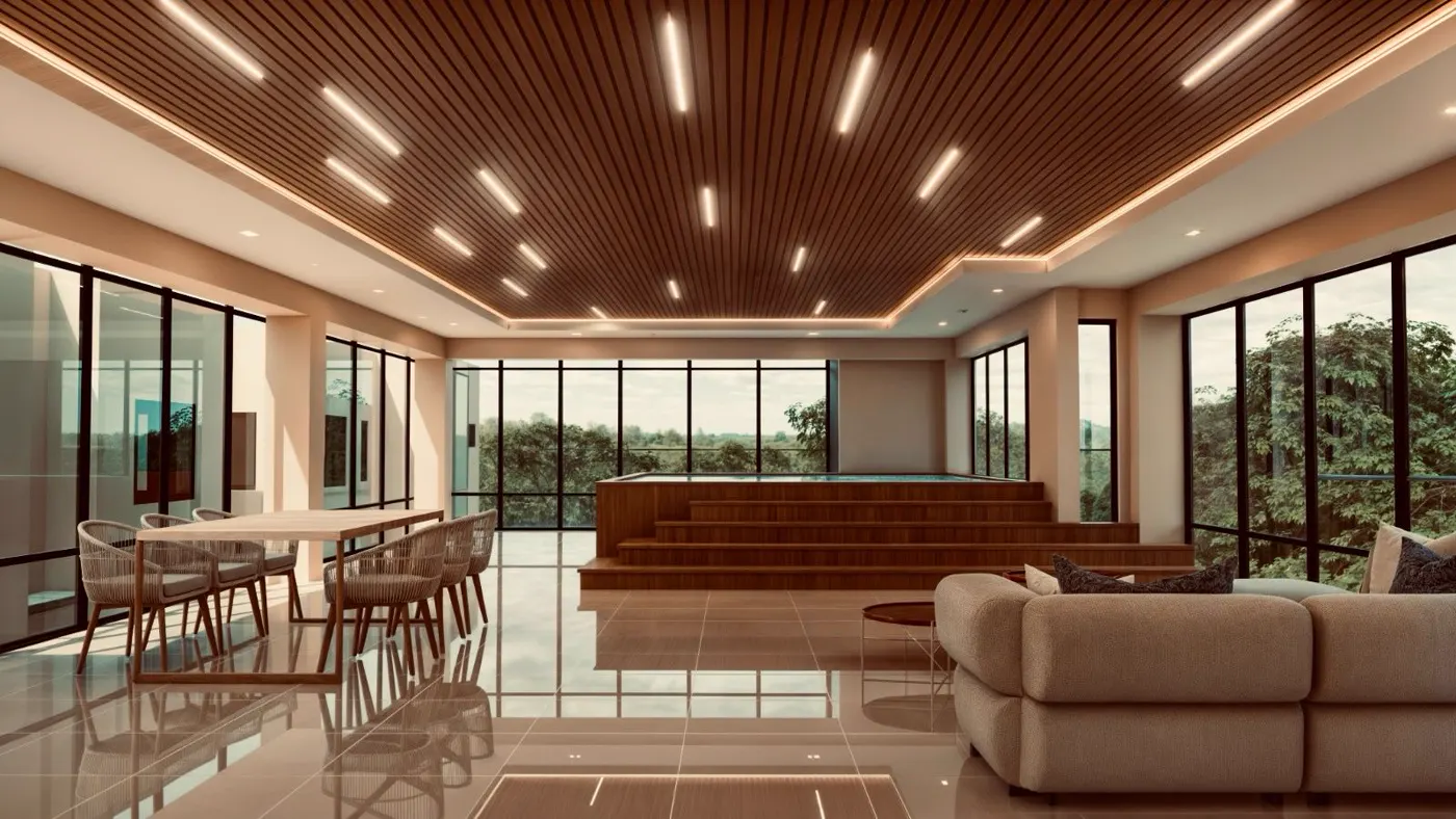 Lounge interior con jacuzzi elevado sobre escalones de madera