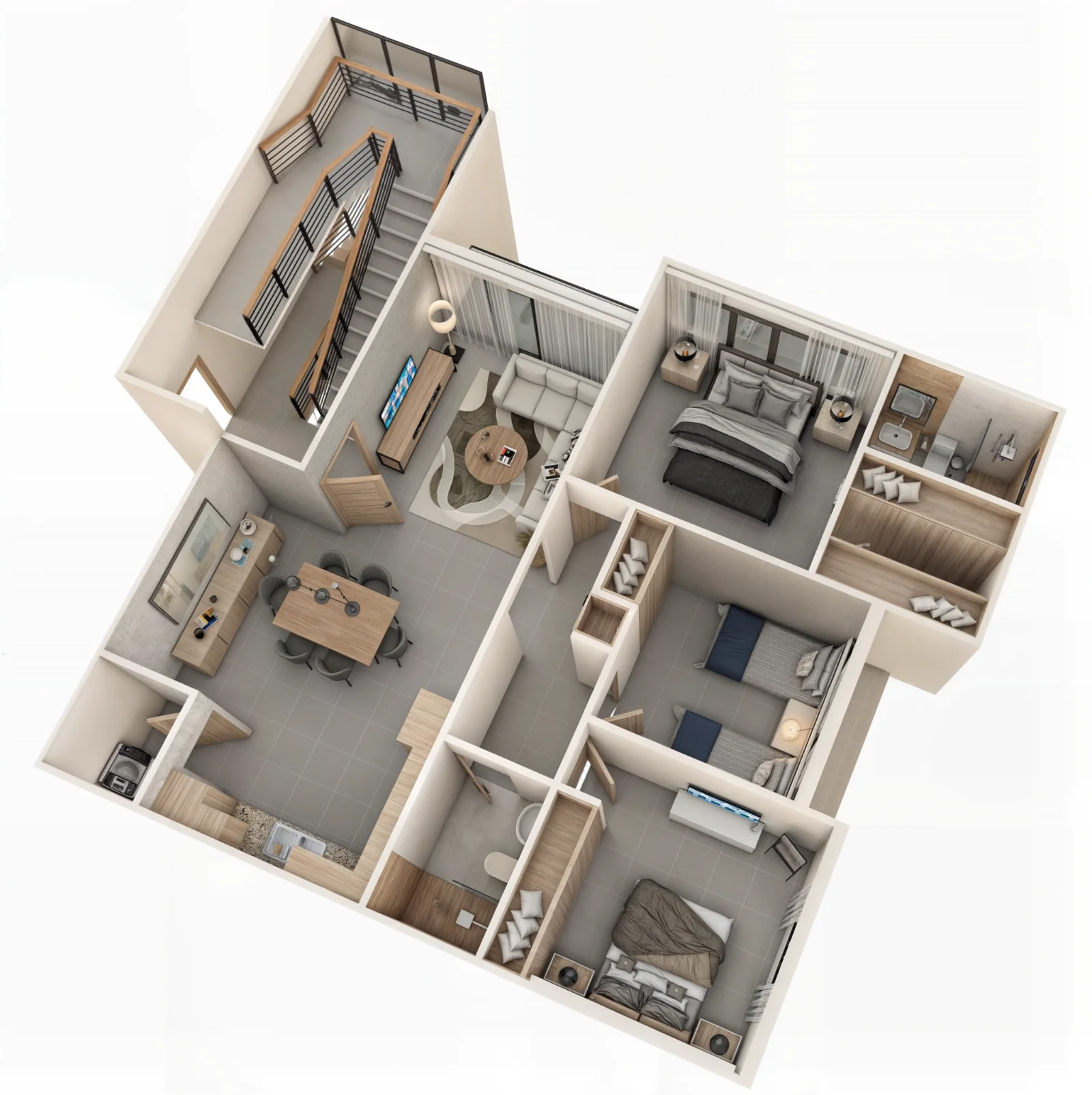 Plano 3D isométrico del apartamento de 3 habitaciones